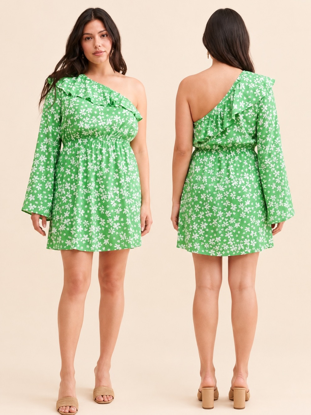 Rue Stiic Tesni Green Floral One Shoulder Ruffle Mini Dress L